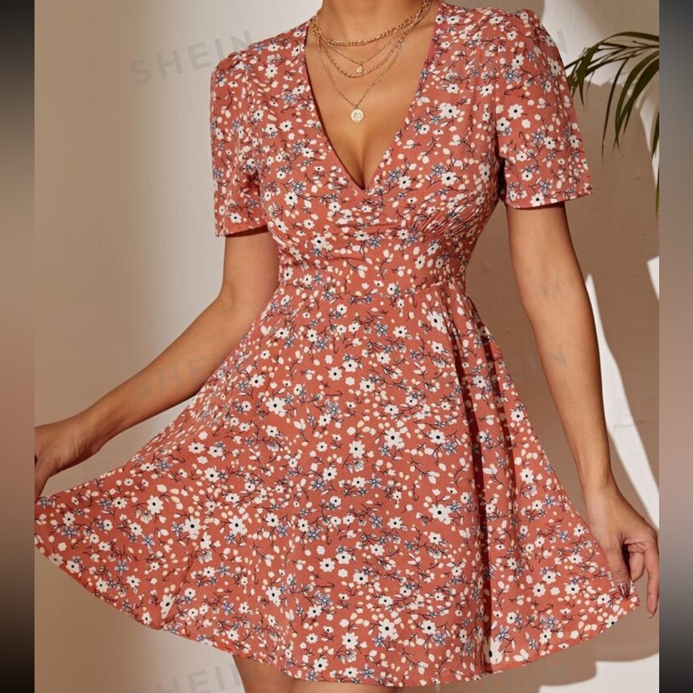 Shein Floral Mini Dress Pink Salmon Colour